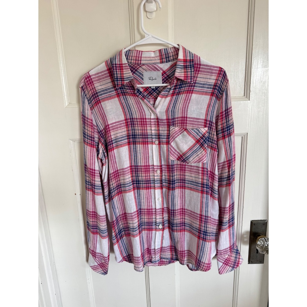 Rails Charli plaid linen blend top in white peach fuchsia colorway size small